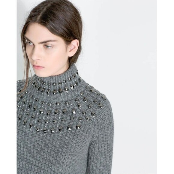 EUC Zara grey wool blend knit sweater with embellished details, L - Picture 1 of 7